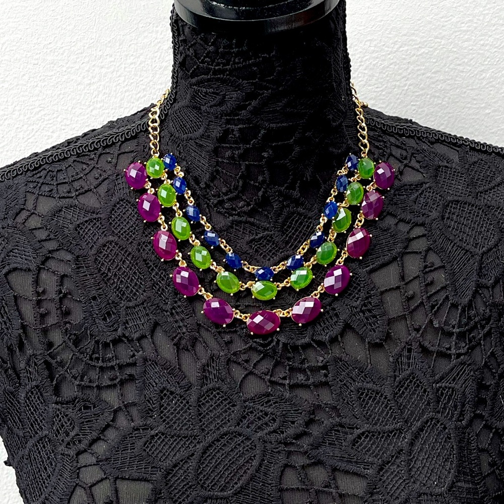 multicolored multilayered purple, green and blue statement necklace